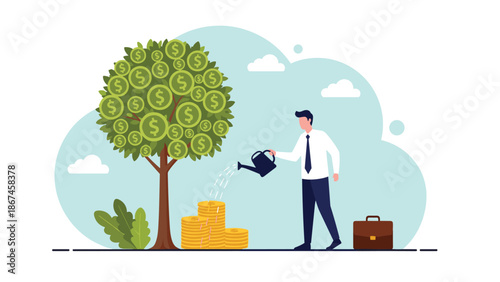 A businessman waters a money tree that grows dollar coins, illustrating the concept of financial growth, successful investment, and making a profit.