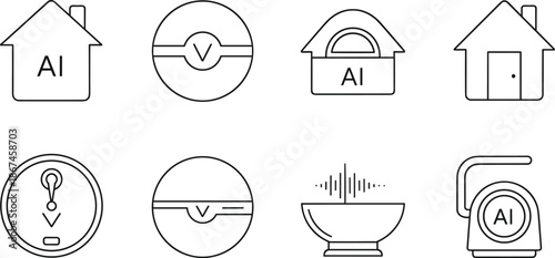 Smart Home AI Voice Assistant Icons, CAD Drawing Flat Vector Illustration, Technology Automation Symbols for Intelligent Living, Digital Future House Interface