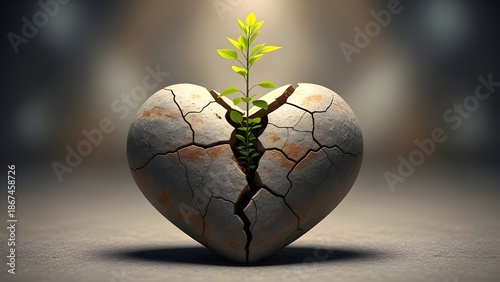 A conceptual image featuring a green plant sprout growing through the center of a cracked stone heart, symbolizing resilience, hope, new life, and healing after emotional or physical trauma.
