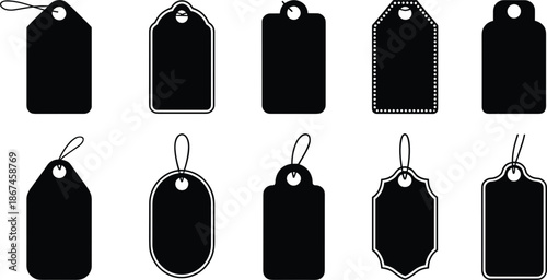 Ten Black Silhouette Gift Tags and Price Tags with String on White Background label blank