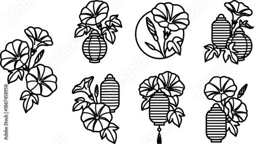 Black and white line art illustrations of flowers in vases with striped patterns and leaves  decorative designs