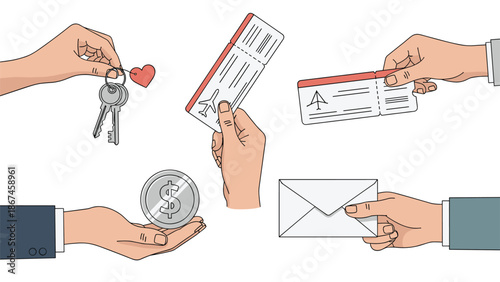 Set of hands involved in various transactions, including giving house keys, holding an airplane ticket, receiving money, and mail.