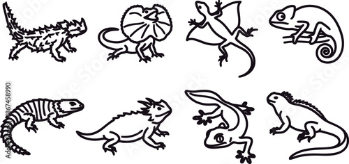 Black and white illustrations of various lizards and geckos in different poses and styles on white background