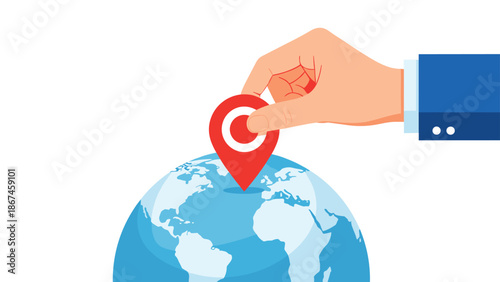 Businessman's hand placing a red location pin on a globe, representing global business, market expansion, and geotagging.