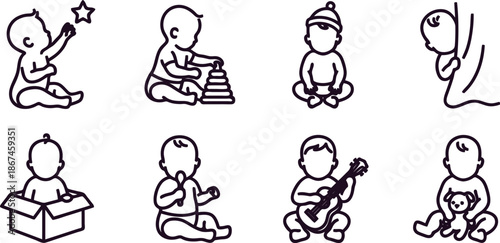 Blackandwhite linedrawings of babies playing with toys and objects in various activities and poses  baby  cute  simple