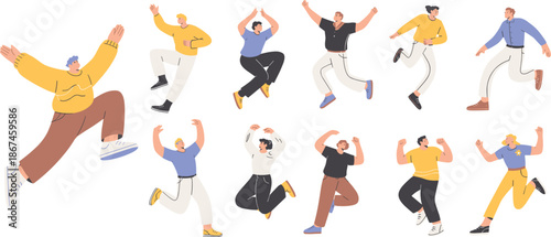 Jumping characters, joyful poses, casual outfits, expressive movement, celebration energy, active lifestyle, stylized illustration, dynamic motion, happiness theme, freedom art