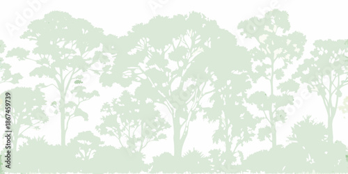 A serene landscape featuring a silhouette of lush trees and foliage