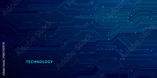 Abstract blue technology background with circuit board lines and hexagonal patterns