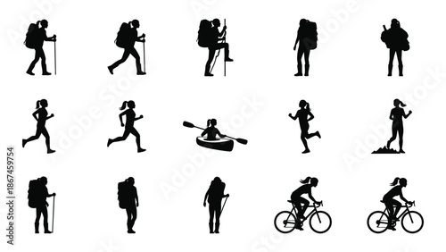 Silhouettes of people engaged in various outdoor recreational activities