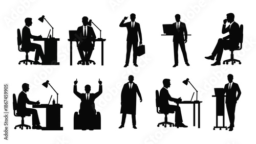 Silhouettes of businessmen in various professional poses and office settings