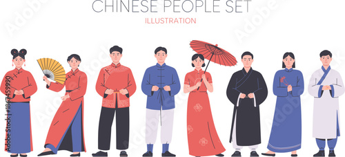 Traditional Chinese clothing, cultural attire, heritage fashion, historical garments, fan accessory, parasol pose, ethnic costume, Asian illustration, robe design, standing characters