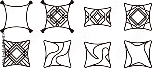 Collection of eight different square pillow designs with various patterns and tassels on white background  home decor ideas