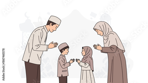 A Muslim family celebrates Eid al-Fitr, exchanging greetings and embracing festive traditions with joy and love