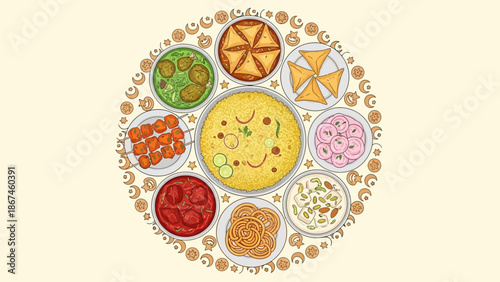 An exquisite array of traditional dishes, beautifully presented in a circular arrangement, celebrating rich culinary heritage and festive traditions