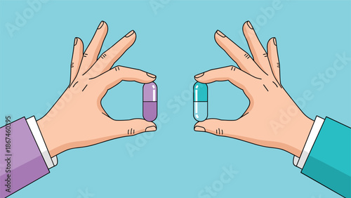 Two hands holding different colored pill capsules, representing medical choices, pharmaceutical options, or treatment decisions.