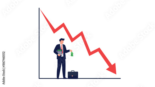 Businessman standing before a large declining red arrow graph, illustrating a financial crisis, stock market crash, or business failure.