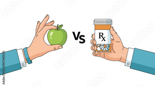 Healthy lifestyle choice concept comparing natural food and medicine, with hands holding an apple versus a prescription pill bottle.