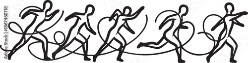 Stylized illustration of people running in a line with dynamic motion