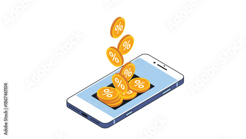 Mobile banking cashback and online rewards program concept with percentage coins falling into a smartphone, representing savings.