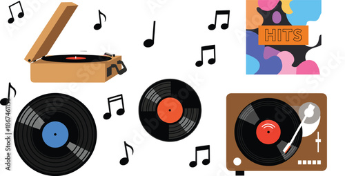 PrintVintage vinyl record player collection with turntable gramophone black vinyl discs and musical notes retro audio equipment and analog music hobby vector illustration.