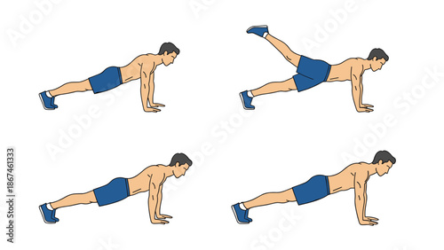 Man demonstrating the steps for a push-up with a single leg lift exercise for a full-body workout and core strengthening.