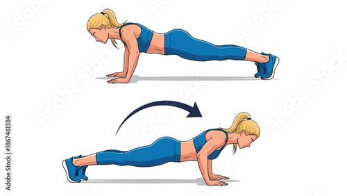 Athletic woman demonstrating the chaturanga yoga flow, with an arrow illustrating the movement from high to low plank position.