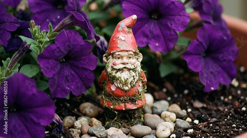 Quadro su tela A miniature weathered gnome figurine standing amongst purple flowers and small stones in a garden setting
