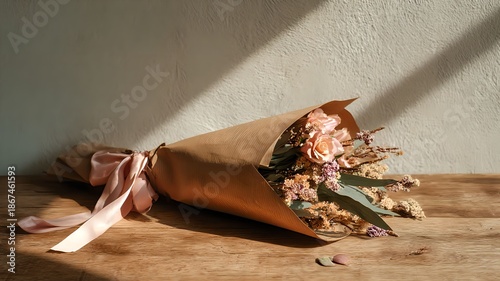 Dried flower bouquet in kraft paper with pink ribbon gently arranged on wooden surface against neutral background with copy space words + International Women's Day