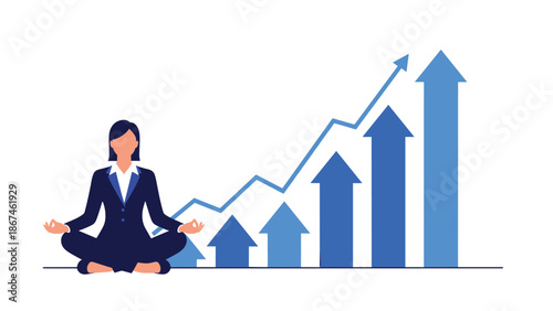 Professional businesswoman meditating in front of a rising blue arrow graph, representing calm financial growth and success.