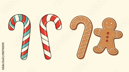 Christmas holiday sweets collection, including two candy canes and two gingerbread cookies shaped like a cane and a man.