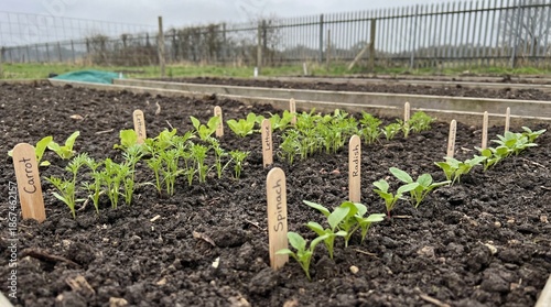 Rows of young vegetable seedlings growing in fertile garden soil with identifying markers