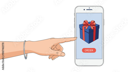 Woman's hand ordering a gift online using a smartphone, pointing a finger at a present on the screen to make a purchase.