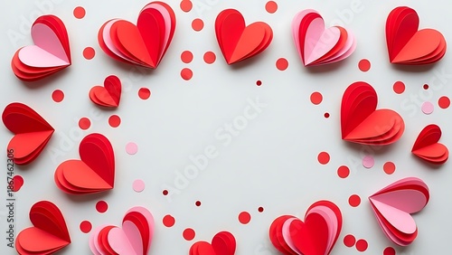 A charming frame of layered red and pink paper hearts with scattered confetti for love concepts