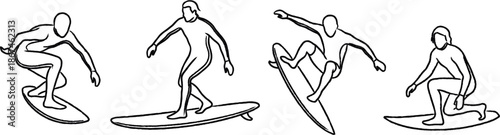 Four surfers in different poses on surfboards in minimalist line art style isolated on transparent background