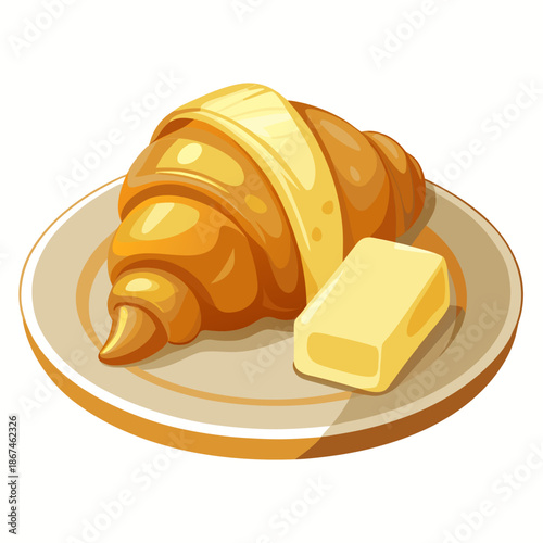 Close-up studio shot of a flaky golden croissant served with a small portion of butter on a white plate, crisp texture visible, soft natural lighting, sharp focus, isolated on white background, breakf