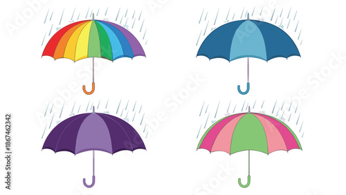 Set of four colorful umbrellas open during a rain shower, including a rainbow umbrella and others in various color patterns.