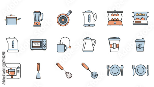 Collection of fifteen kitchen and cooking icons, including appliances like a blender and microwave, and utensils for dining.