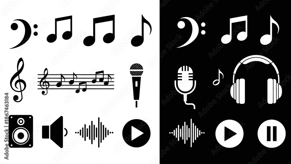 Obraz premium Music and Audio Control Icons Set with Treble Clef Notes Speaker Microphone Headphones Play Buttons, isolated white background