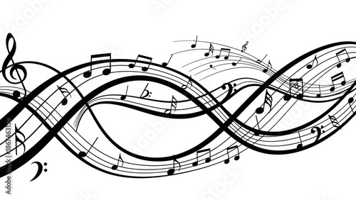 Dynamic Musical Notes Flowing on a Treble Clef Staff, Black and White Rhythm Harmony