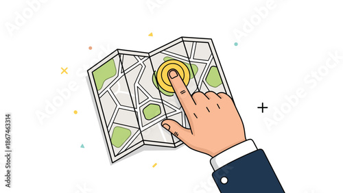 Businessman's hand pointing to a specific location marked with a gold coin on a folded city map for navigation or planning.