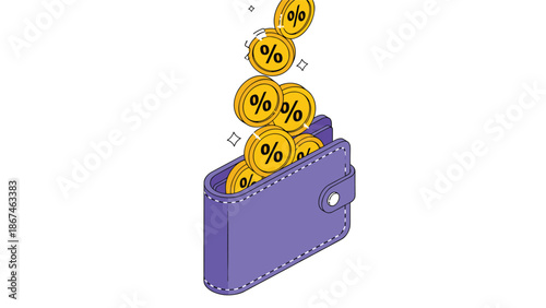 Isometric vector illustration of gold coins with percentage symbols falling into a purple wallet, symbolizing cashback or interest.