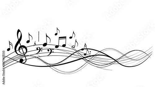 Elegant wavy musical staff with flowing notes and a treble clef on an isolated white background.