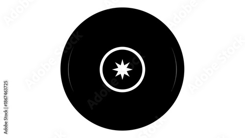 Minimalist Black Circular Record or Disk with a Star Symbol in Center on Isolated White Background