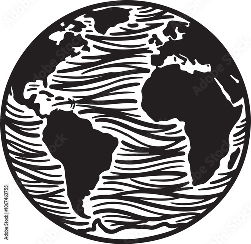 Black and White Earth Globe with Wavy Lines Illustration
