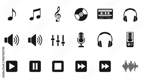 Modern Set of Music and Audio Player Interface Icons in Black and White on an Isolated White Background