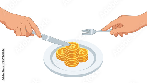 Conceptual illustration of two hands with a knife and fork preparing to eat a stack of bitcoins from a plate for dinner.