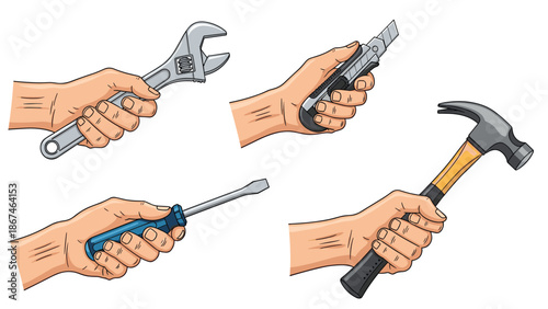 A collection of four illustrated hands, each holding a different construction or repair tool like a hammer, wrench, and screwdriver.