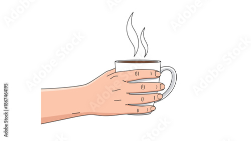 Simple cartoon illustration of a hand holding a white mug filled with a steaming hot beverage like coffee or tea.