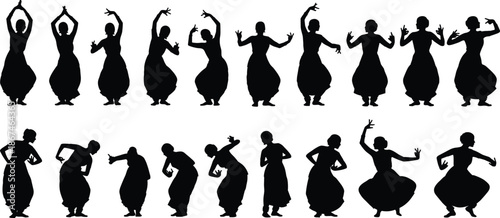 Indian dancer silhouette collection featuring black vector designs of women performing traditional bharatnatyam and kathak dance poses for cultural heritage and arts graphics.