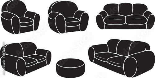 Set of modern black furniture with white outlines on a background